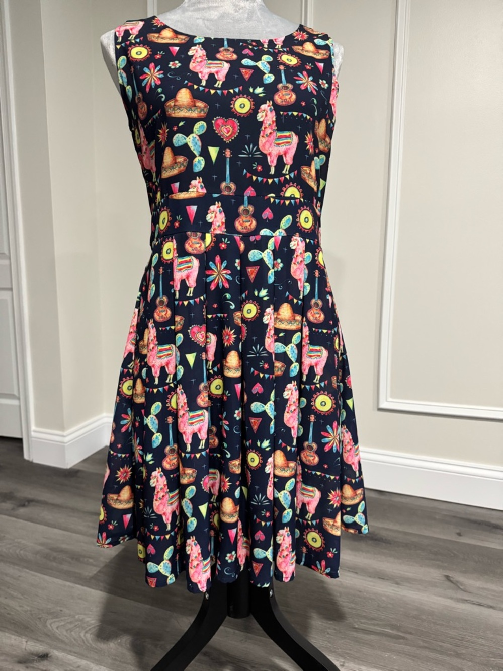 Sleeveless Navy Mini Dress with Colorful Fiesta Print
